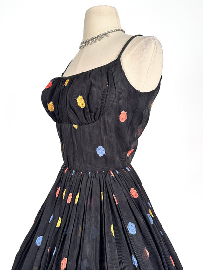 1950s Simply Sweet Mirco-Pleated Dress with Rose Print / Waist 26