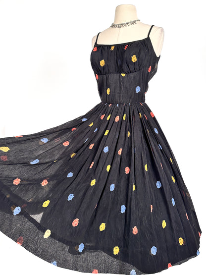 1950s Simply Sweet Mirco-Pleated Dress with Rose Print / Waist 26