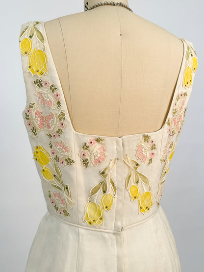 1950s Cream Linen Dress with Rhinestones and Floral Appliqués / Waist 28