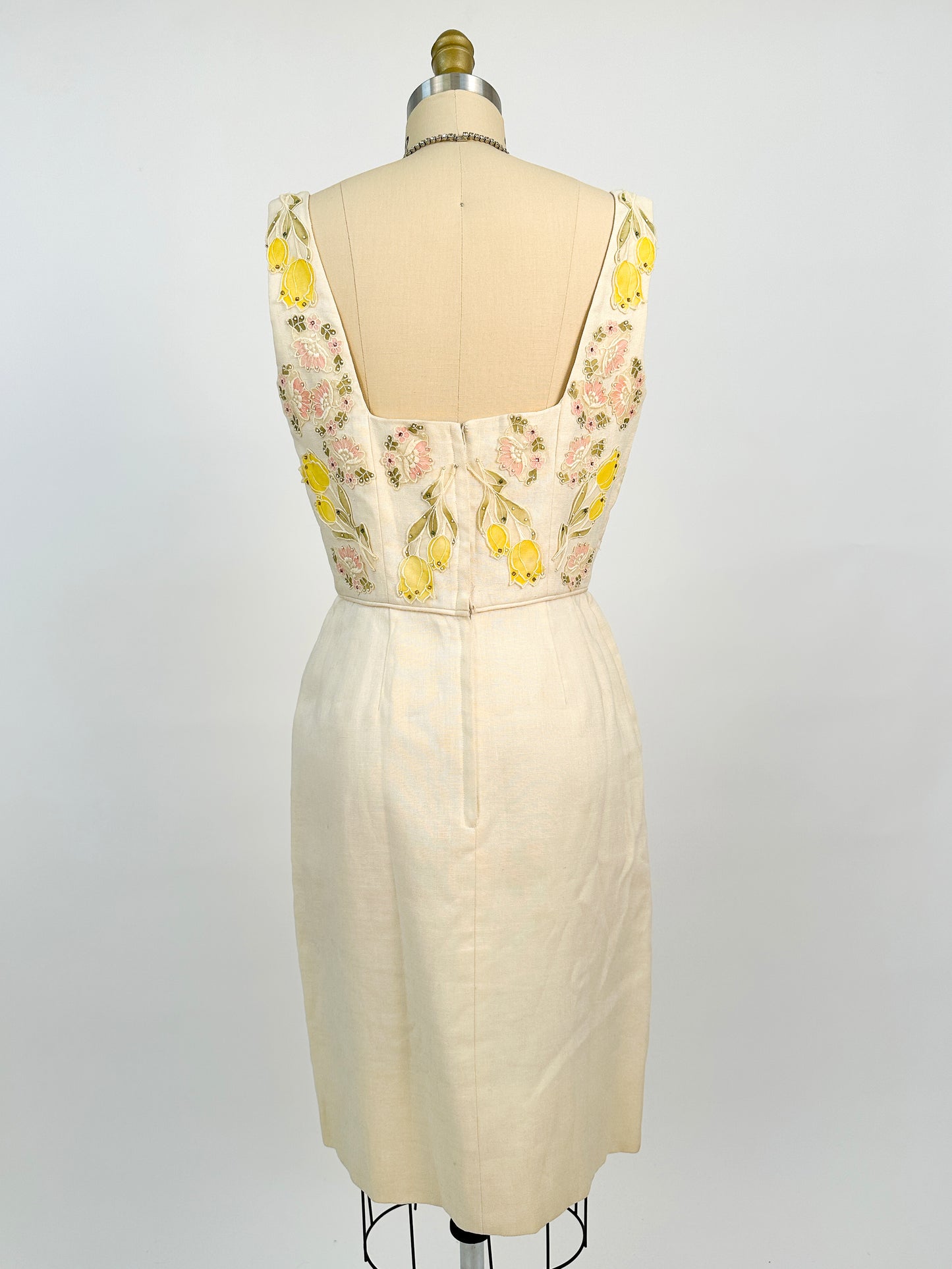 1950s Cream Linen Dress with Rhinestones and Floral Appliqués / Waist 28
