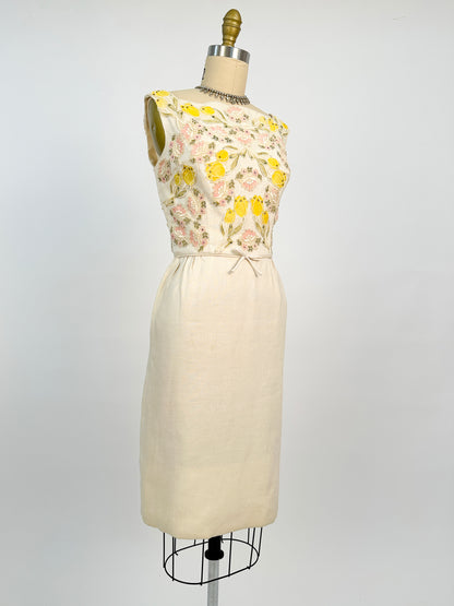 1950s Cream Linen Dress with Rhinestones and Floral Appliqués / Waist 28