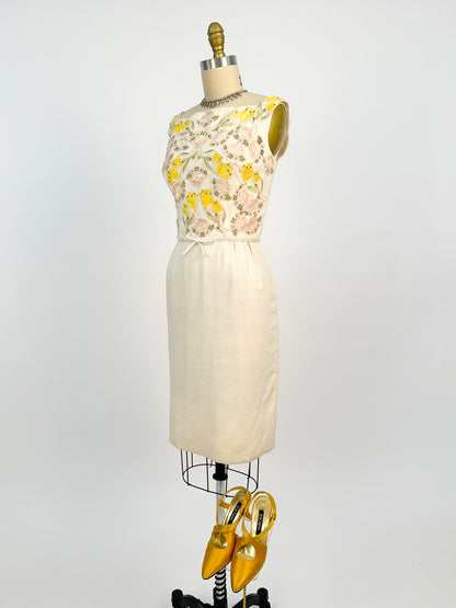 1950s Cream Linen Dress with Rhinestones and Floral Appliqués / Waist 28