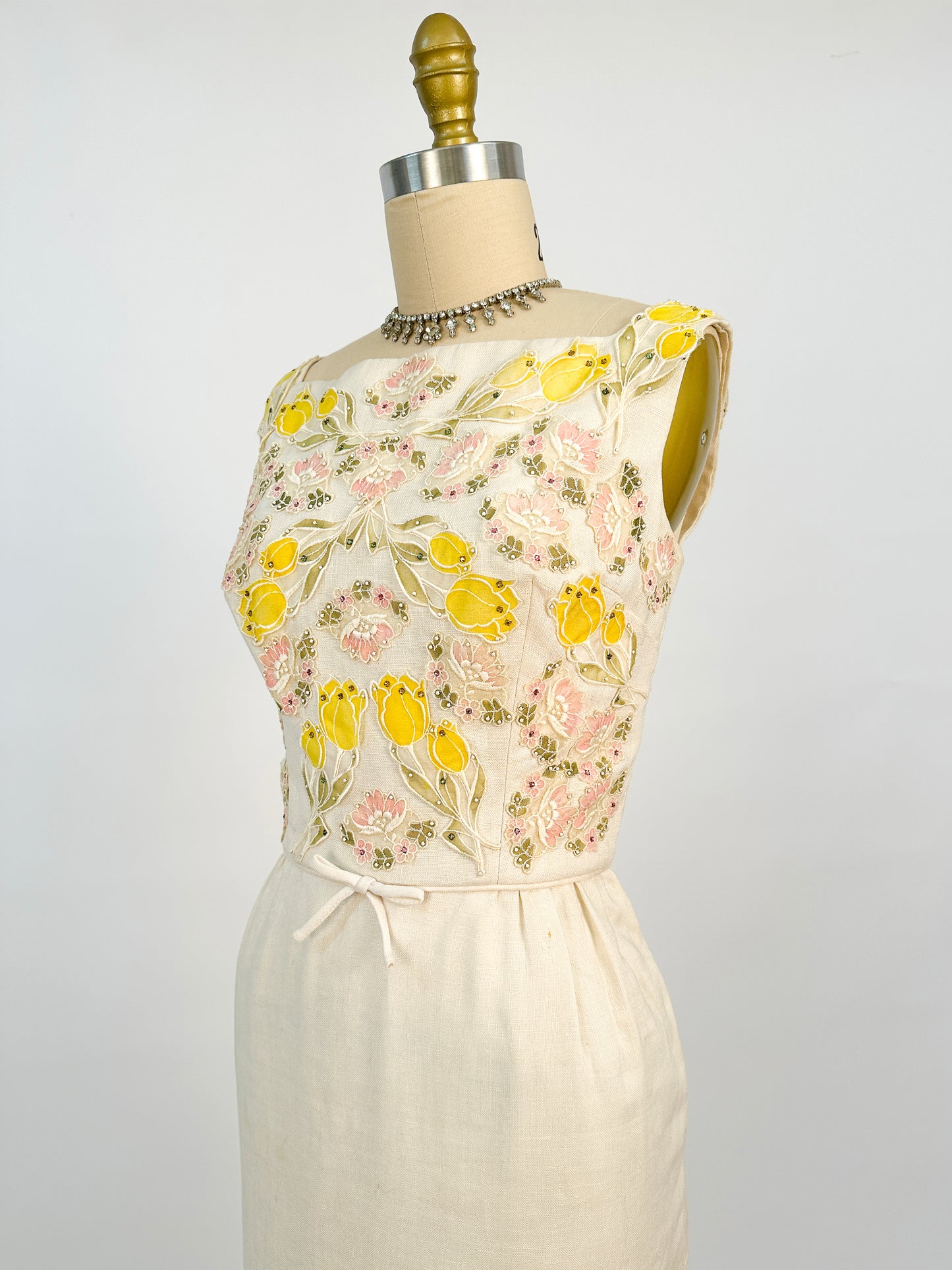 1950s Cream Linen Dress with Rhinestones and Floral Appliqués / Waist 28