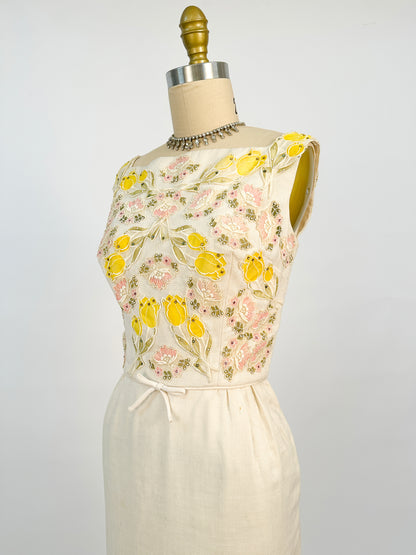 1950s Cream Linen Dress with Rhinestones and Floral Appliqués / Waist 28