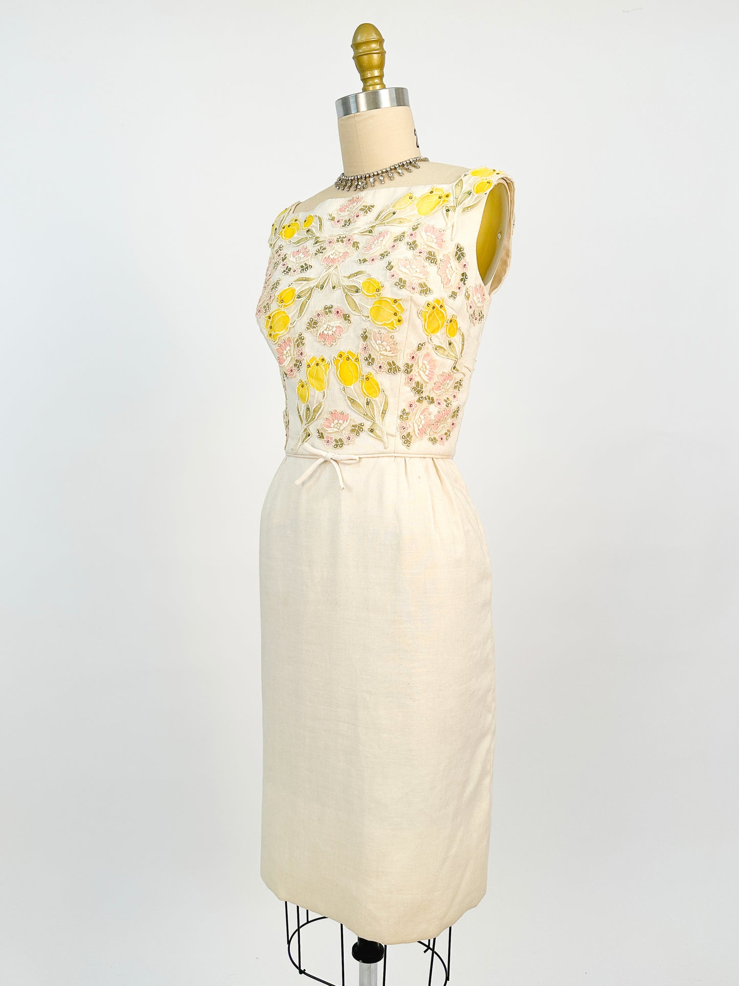 1950s Cream Linen Dress with Rhinestones and Floral Appliqués / Waist 28