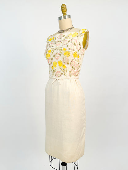 1950s Cream Linen Dress with Rhinestones and Floral Appliqués / Waist 28