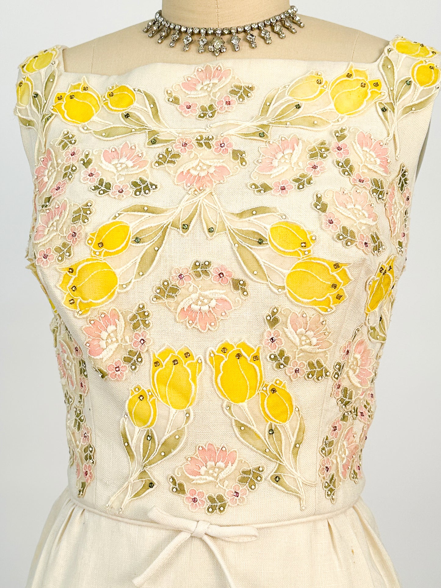 1950s Cream Linen Dress with Rhinestones and Floral Appliqués / Waist 28