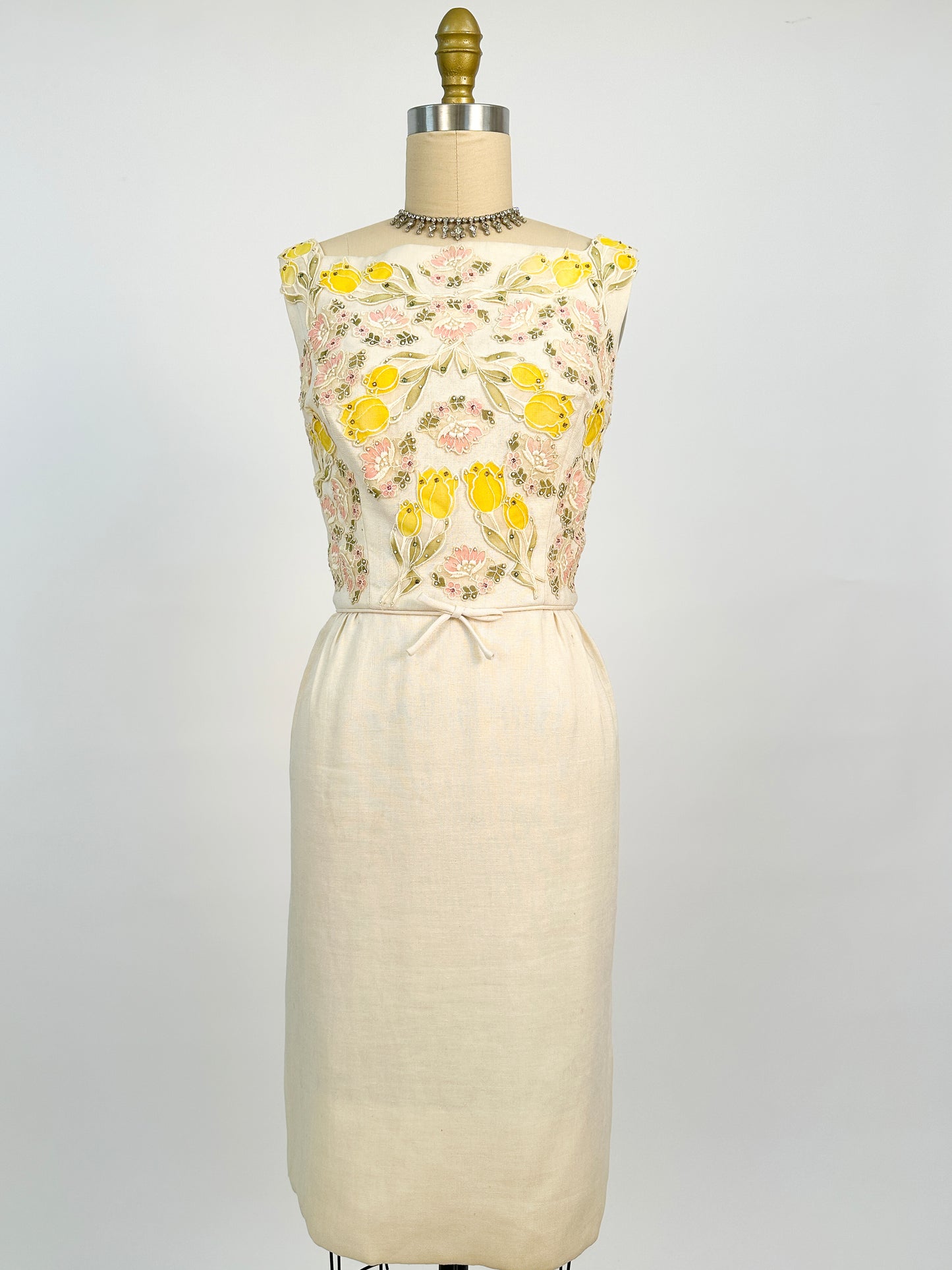 1950s Cream Linen Dress with Rhinestones and Floral Appliqués / Waist 28