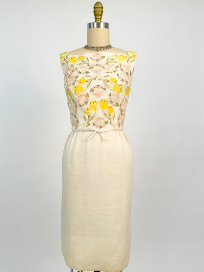 1950s Cream Linen Dress with Rhinestones and Floral Appliqués / Waist 28