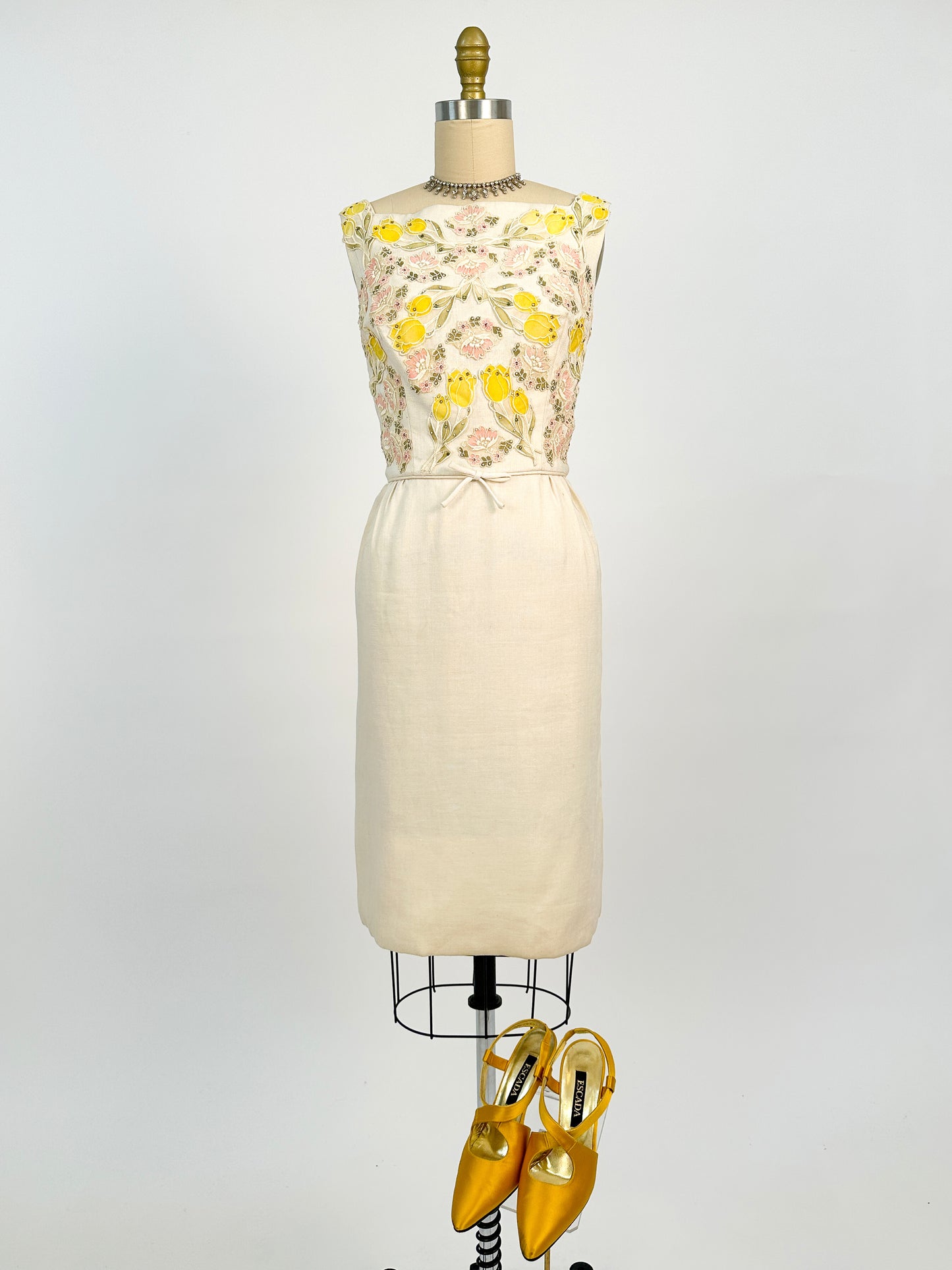 1950s Cream Linen Dress with Rhinestones and Floral Appliqués / Waist 28