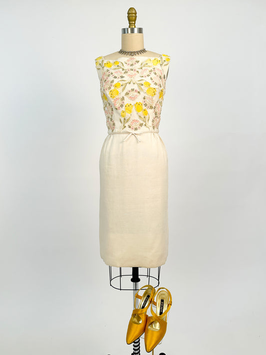 1950s Cream Linen Dress with Rhinestones and Floral Appliqués / Waist 28