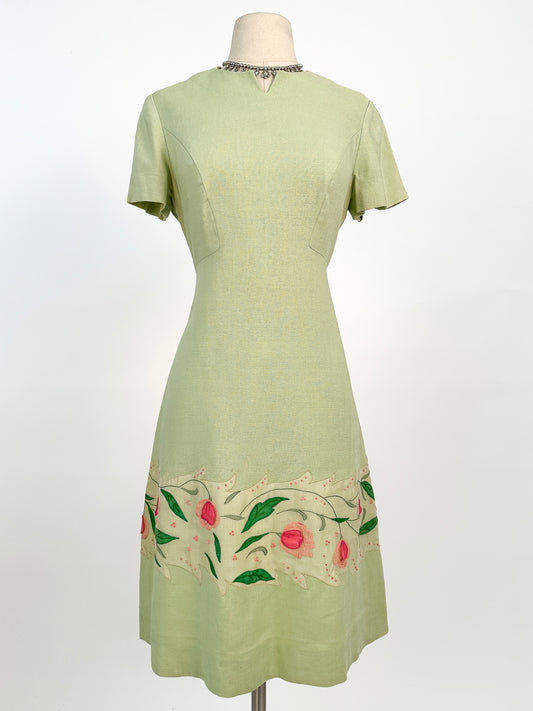 60s Green Linen Dress with Organza Floral Appliqué Border / Waist 30