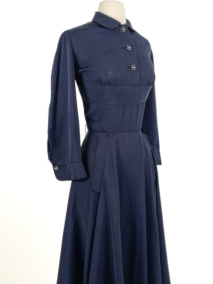 1940s Navy Fit & Flare Dress by Ben Reig / Waist 28