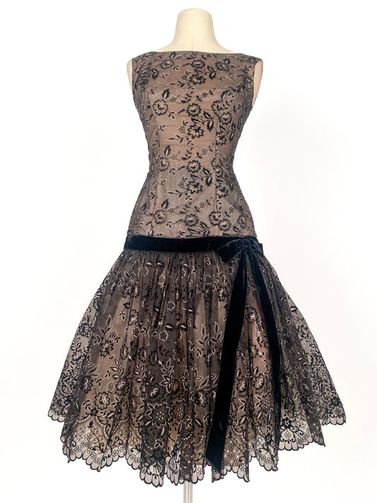 1950s Flocked Floral Party Dress with Drop-Waistline / Waist 24