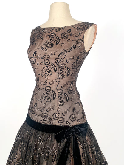 1950s Flocked Floral Party Dress with Drop-Waistline / Waist 24