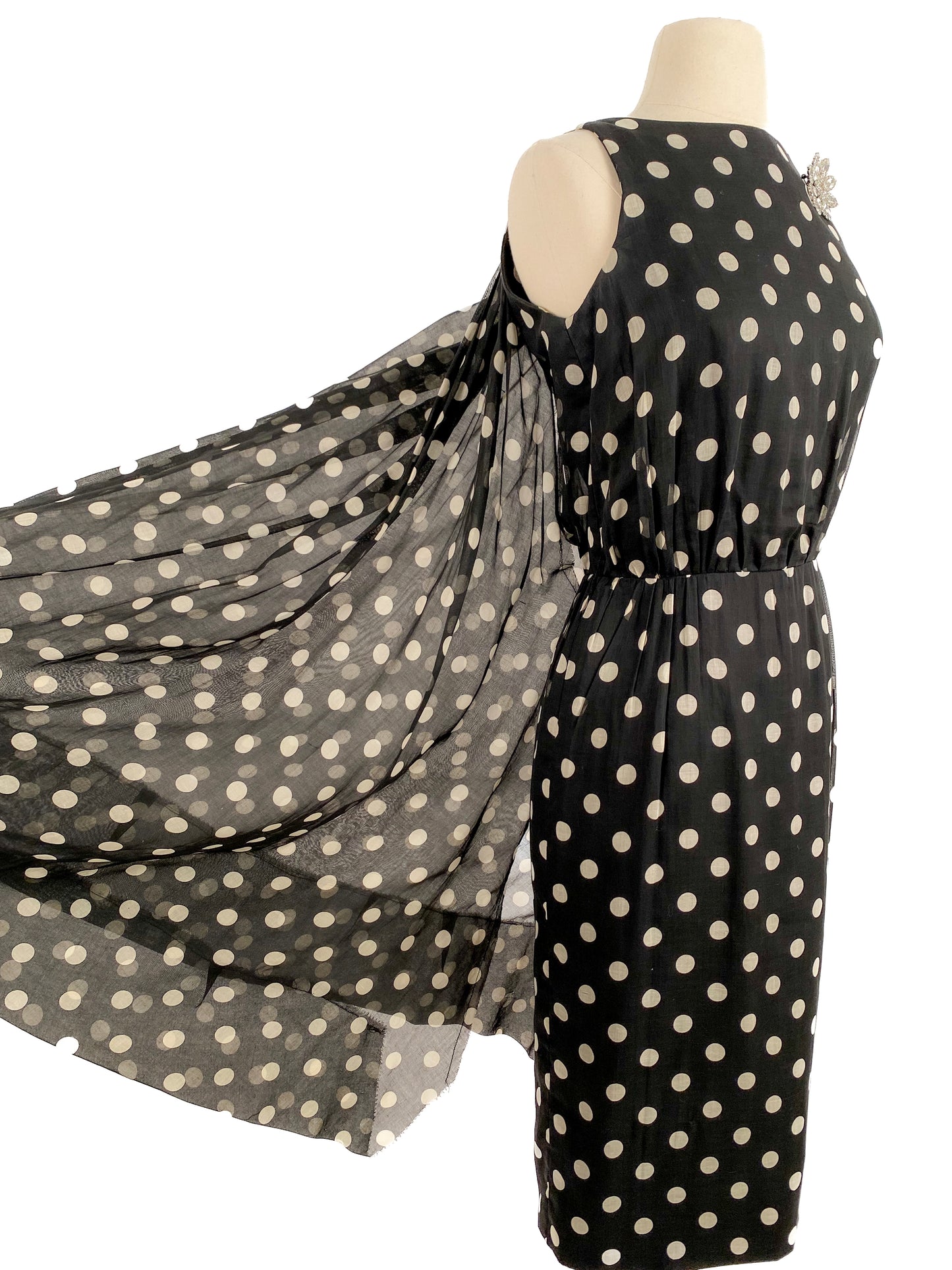 1950s Polka Dot Dress with Attached Cape by Estevez / Waist 24