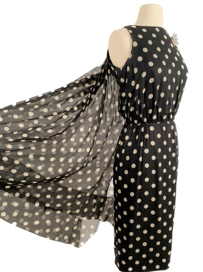 1950s Polka Dot Dress with Attached Cape by Estevez / Waist 24