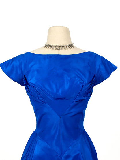 1950s Striking Sapphire Blue Gown with Bow / Waist 26