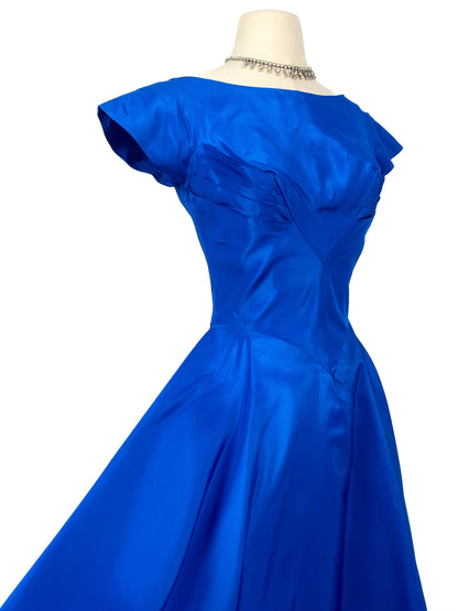 1950s Striking Sapphire Blue Gown with Bow / Waist 26