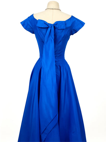 1950s Striking Sapphire Blue Gown with Bow / Waist 26