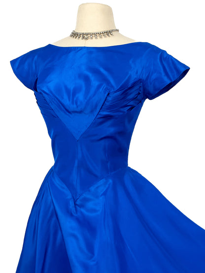 1950s Striking Sapphire Blue Gown with Bow / Waist 26