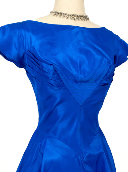 1950s Striking Sapphire Blue Gown with Bow / Waist 26