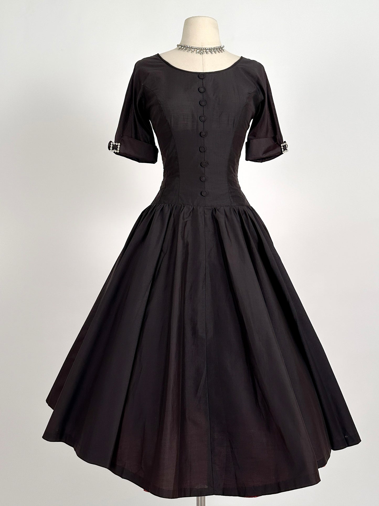 1950s Polished Cotton Fit and Flare with Rhinestone Buckles / Waist 26