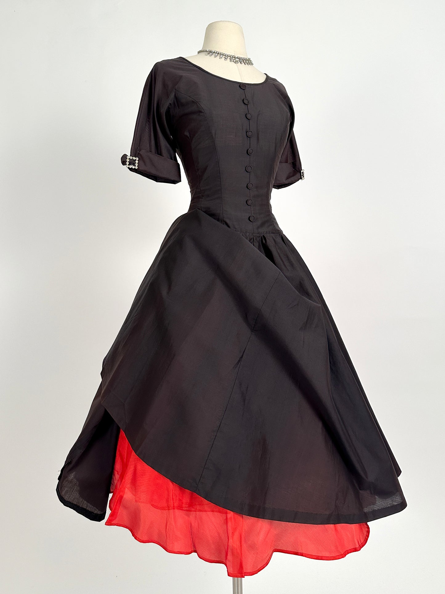 1950s Polished Cotton Fit and Flare with Rhinestone Buckles / Waist 26