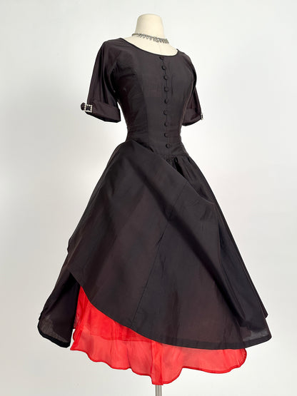 1950s Polished Cotton Fit and Flare with Rhinestone Buckles / Waist 26