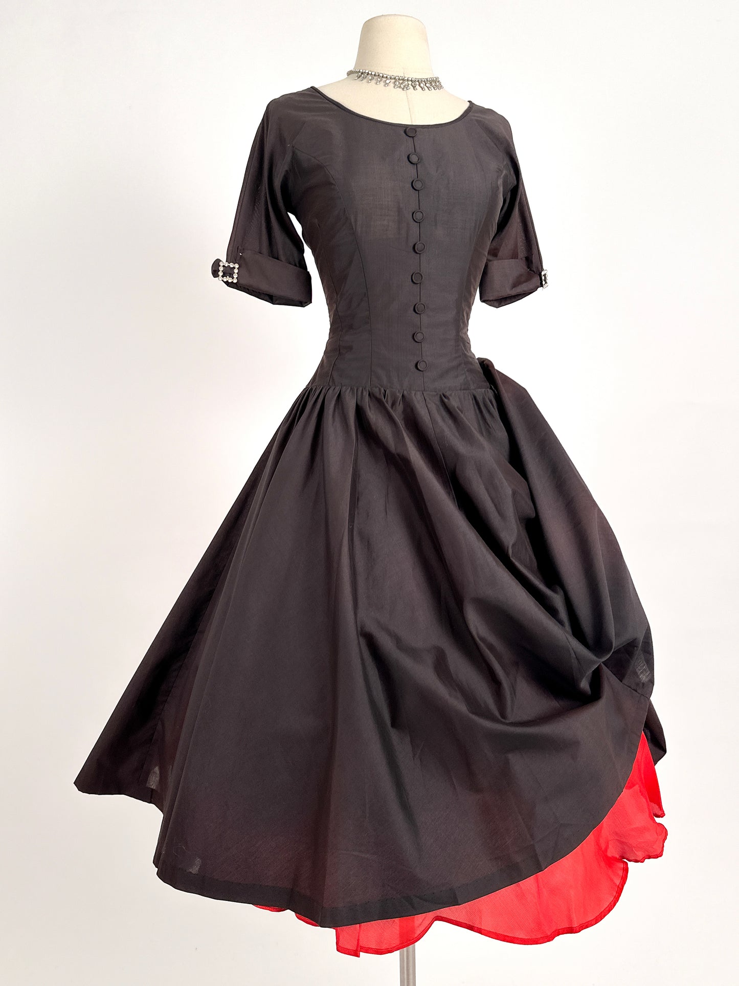 1950s Polished Cotton Fit and Flare with Rhinestone Buckles / Waist 26