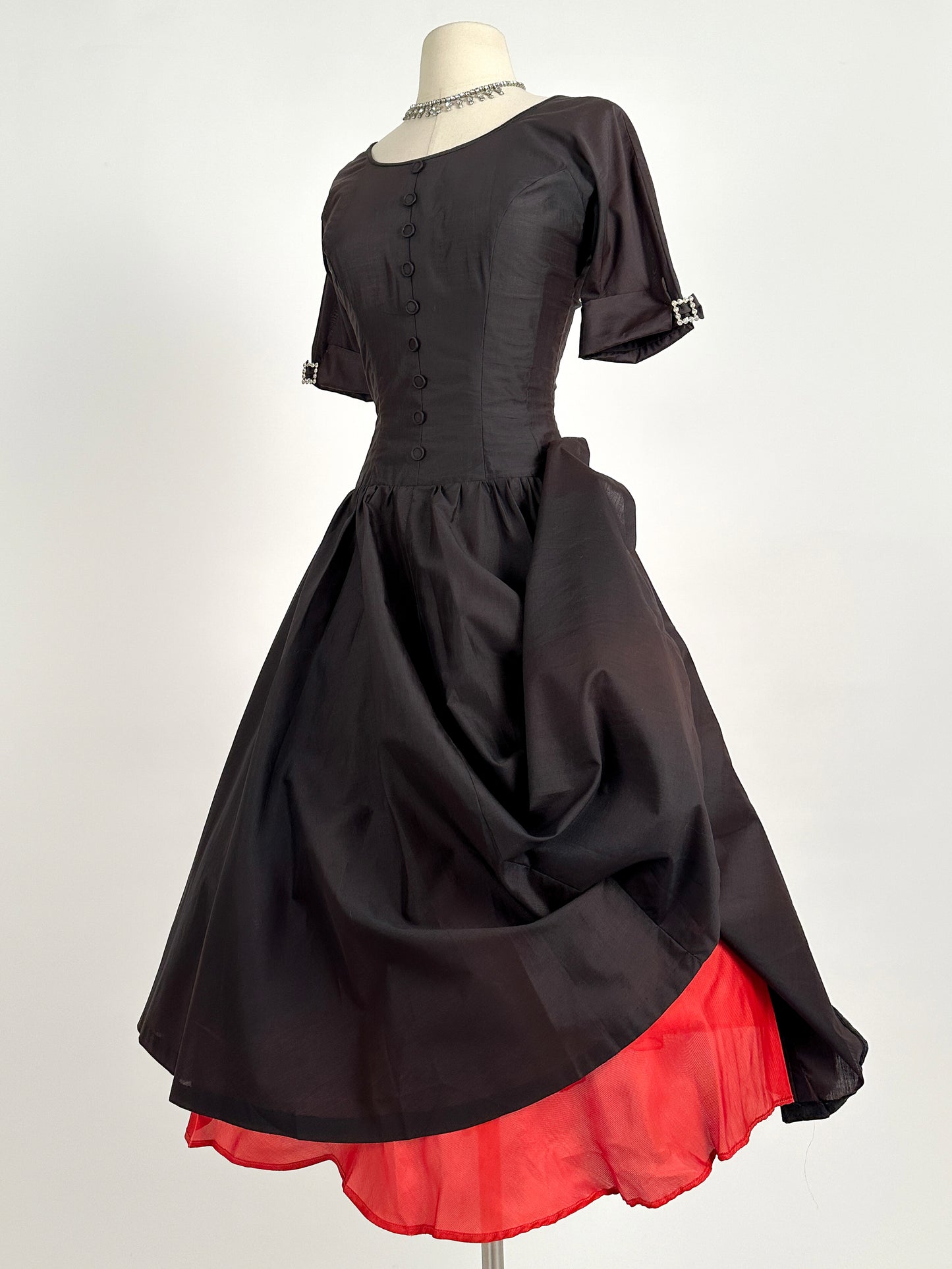 1950s Polished Cotton Fit and Flare with Rhinestone Buckles / Waist 26