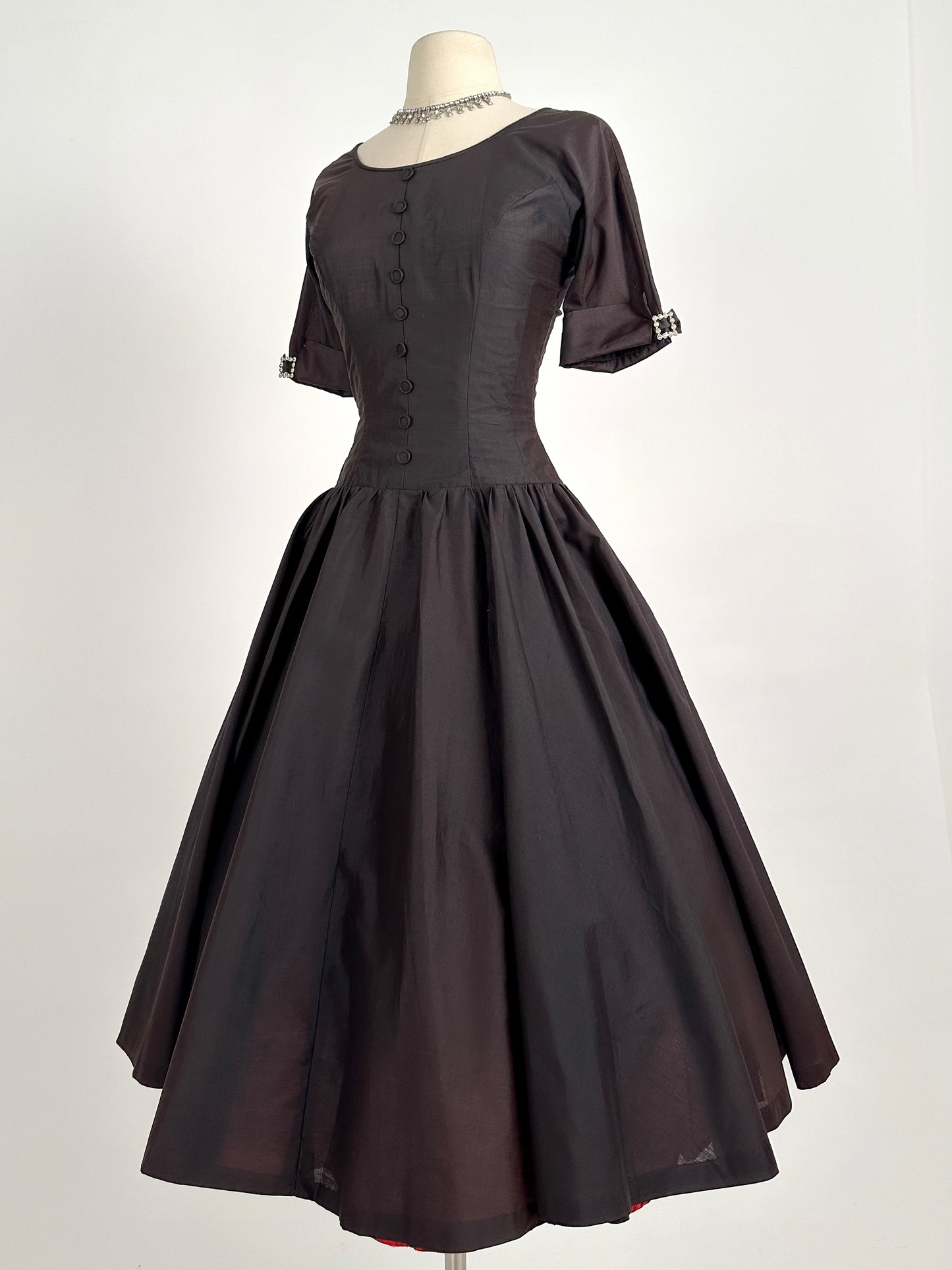 1950s Polished Cotton Fit and Flare with Rhinestone Buckles / Waist 26
