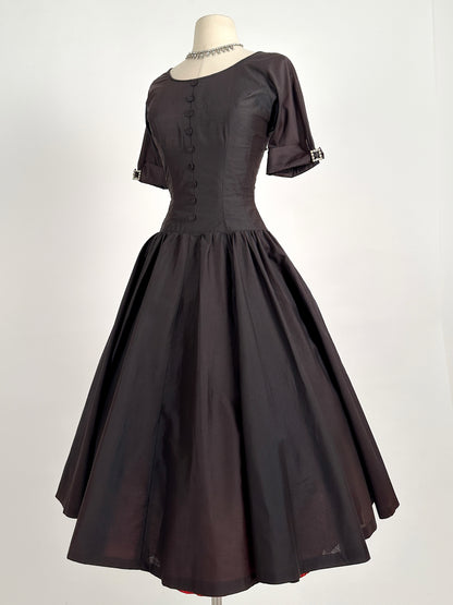 1950s Polished Cotton Fit and Flare with Rhinestone Buckles / Waist 26