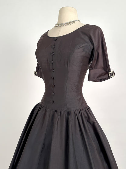 1950s Polished Cotton Fit and Flare with Rhinestone Buckles / Waist 26