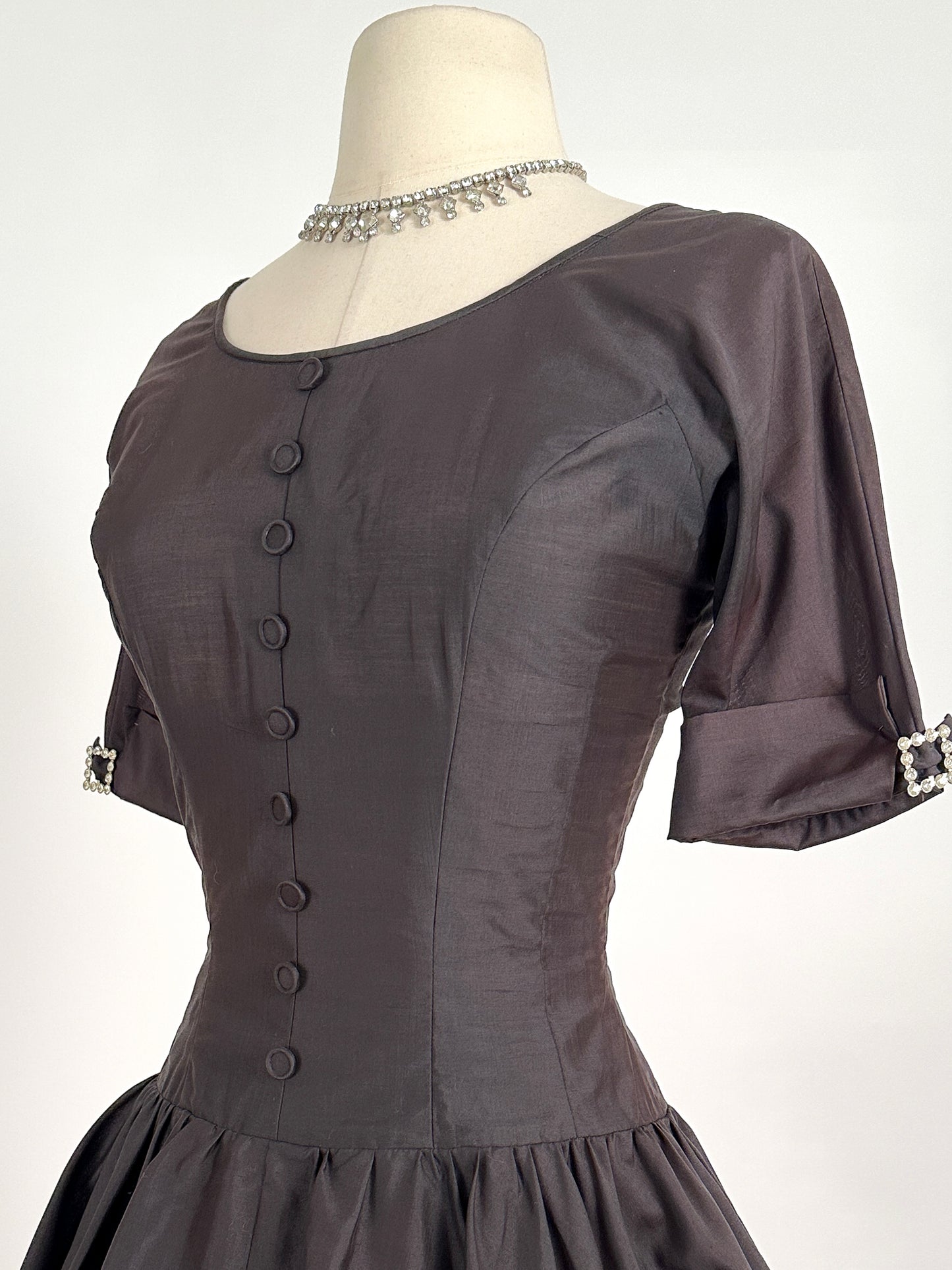 1950s Polished Cotton Fit and Flare with Rhinestone Buckles / Waist 26