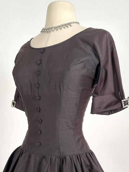 1950s Polished Cotton Fit and Flare with Rhinestone Buckles / Waist 26