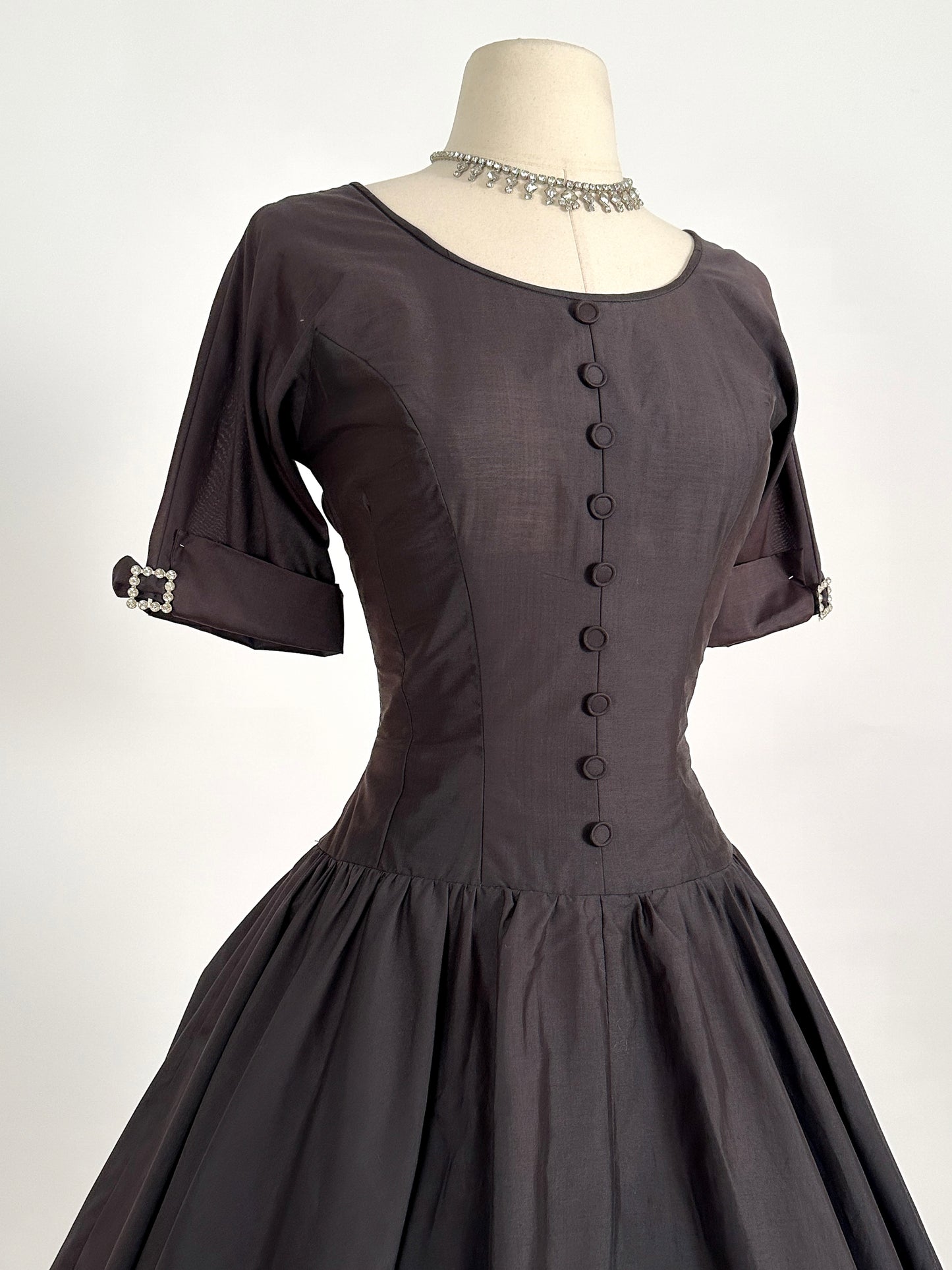 1950s Polished Cotton Fit and Flare with Rhinestone Buckles / Waist 26