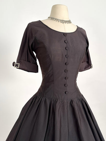 1950s Polished Cotton Fit and Flare with Rhinestone Buckles / Waist 26