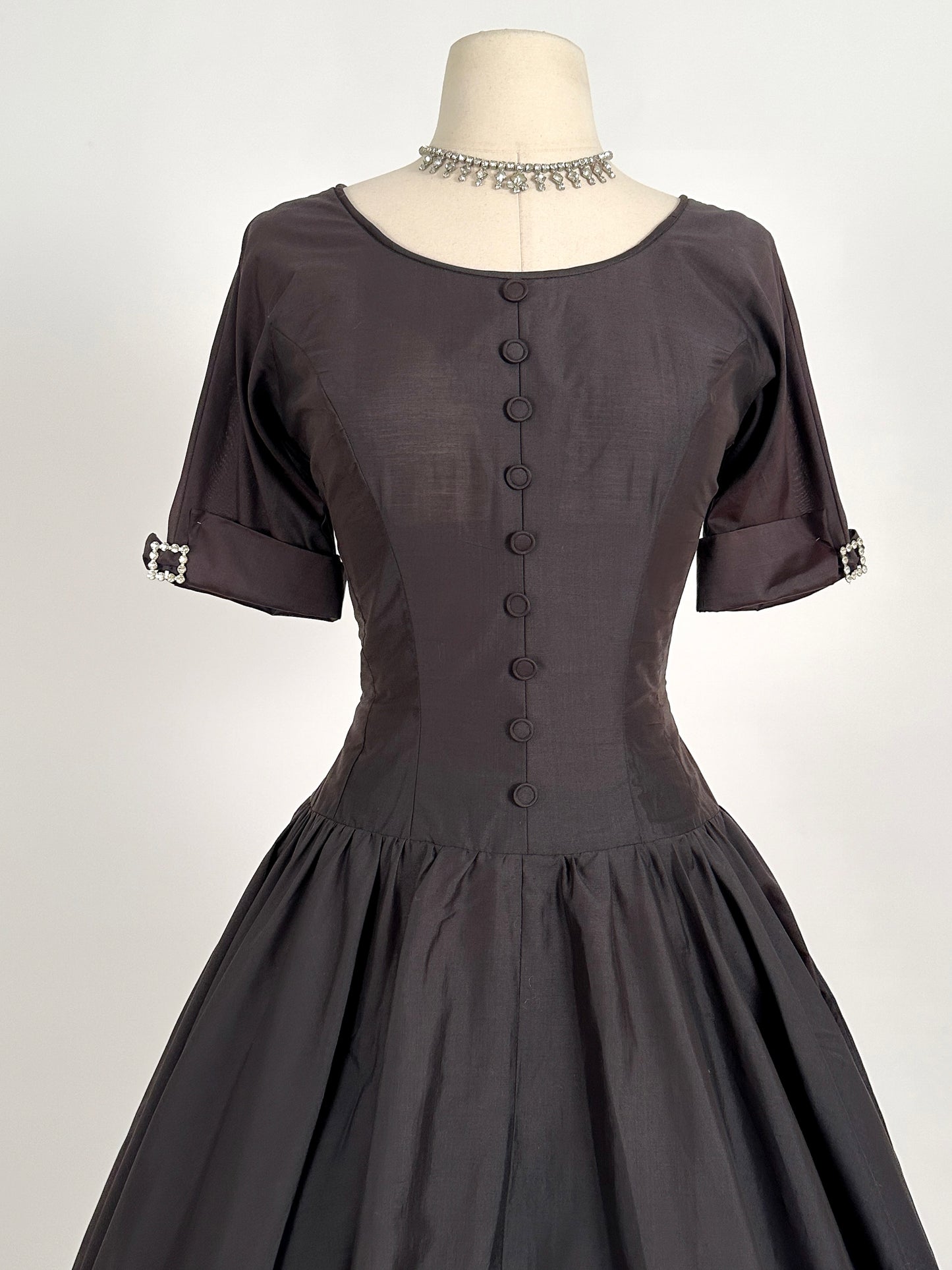 1950s Polished Cotton Fit and Flare with Rhinestone Buckles / Waist 26