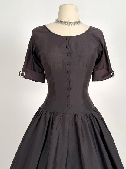 1950s Polished Cotton Fit and Flare with Rhinestone Buckles / Waist 26