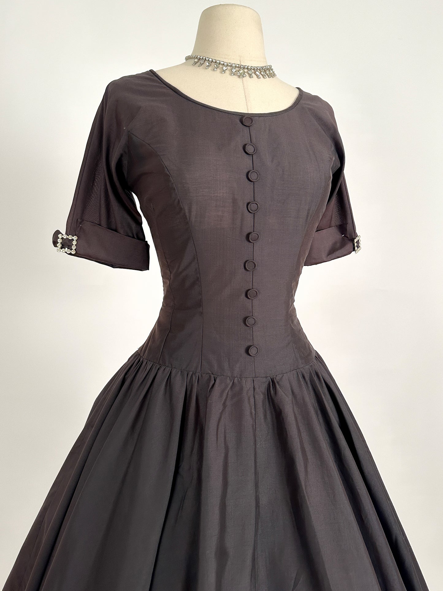 1950s Polished Cotton Fit and Flare with Rhinestone Buckles / Waist 26