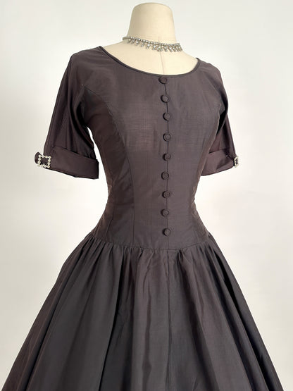 1950s Polished Cotton Fit and Flare with Rhinestone Buckles / Waist 26