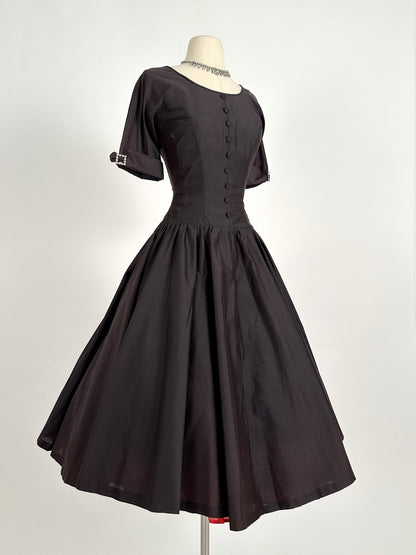 1950s Polished Cotton Fit and Flare with Rhinestone Buckles / Waist 26