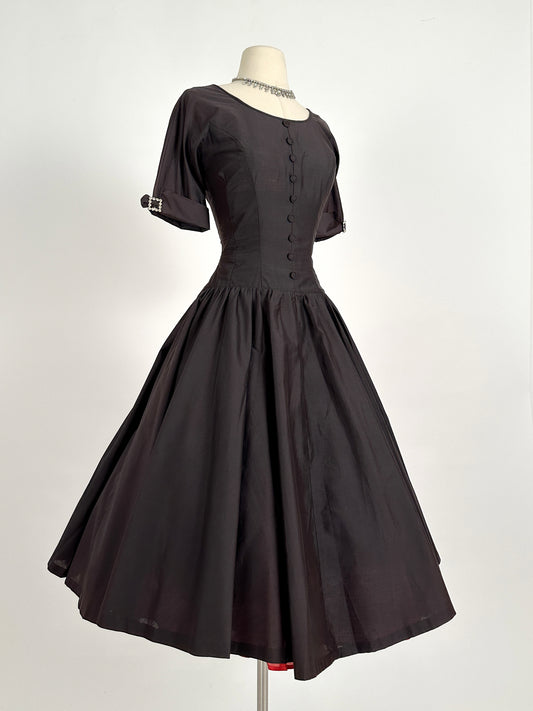 1950s Polished Cotton Fit and Flare with Rhinestone Buckles / Waist 26