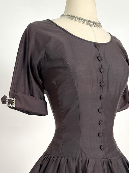 1950s Polished Cotton Fit and Flare with Rhinestone Buckles / Waist 26