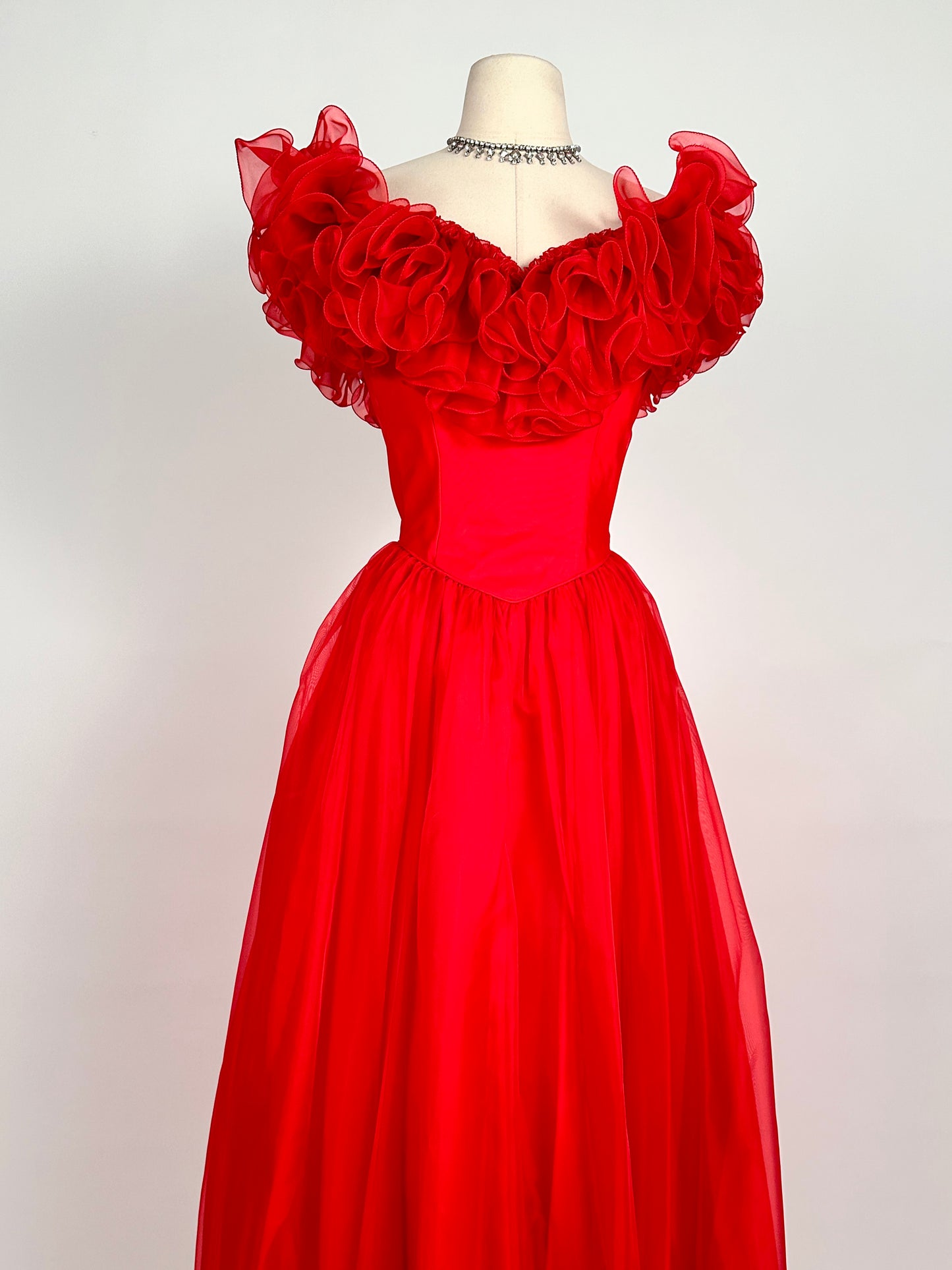 Glamorous 1980s Vibrant Red Chiffon Ruffled Gown / Waist 26