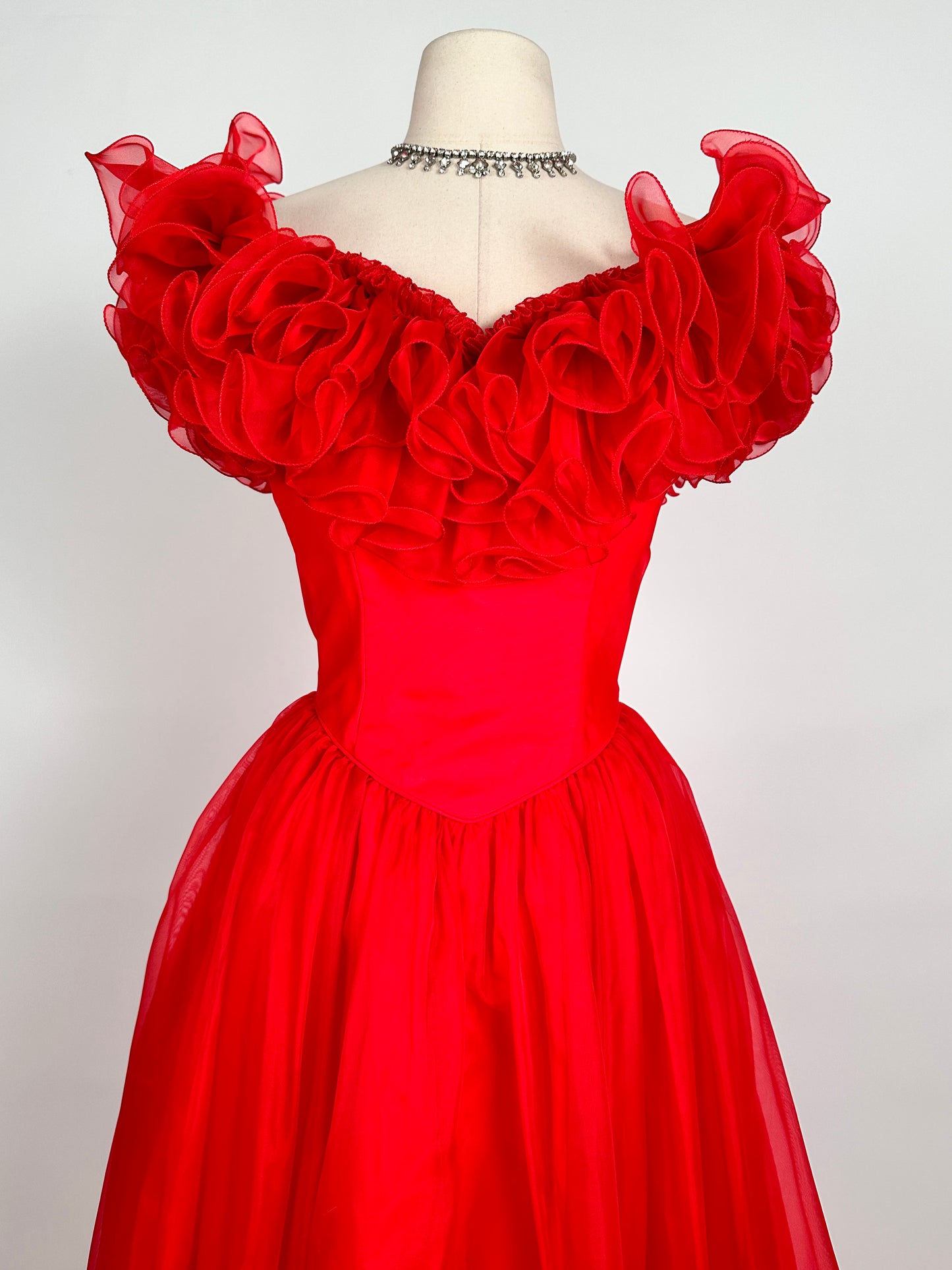 Glamorous 1980s Vibrant Red Chiffon Ruffled Gown / Waist 26