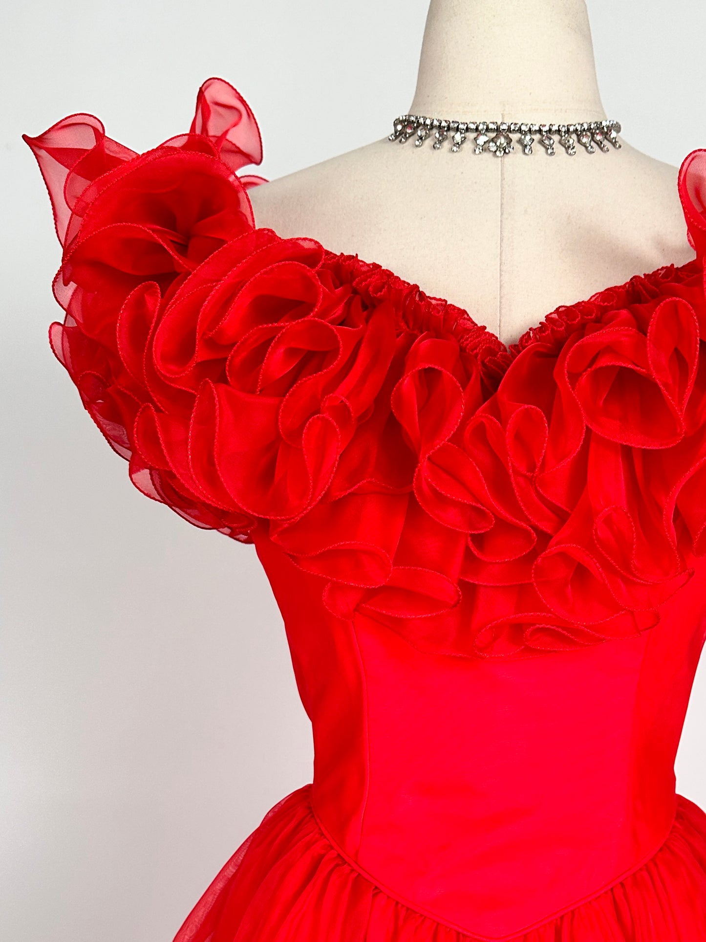Glamorous 1980s Vibrant Red Chiffon Ruffled Gown / Waist 26
