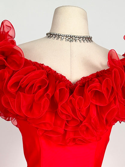 Glamorous 1980s Vibrant Red Chiffon Ruffled Gown / Waist 26