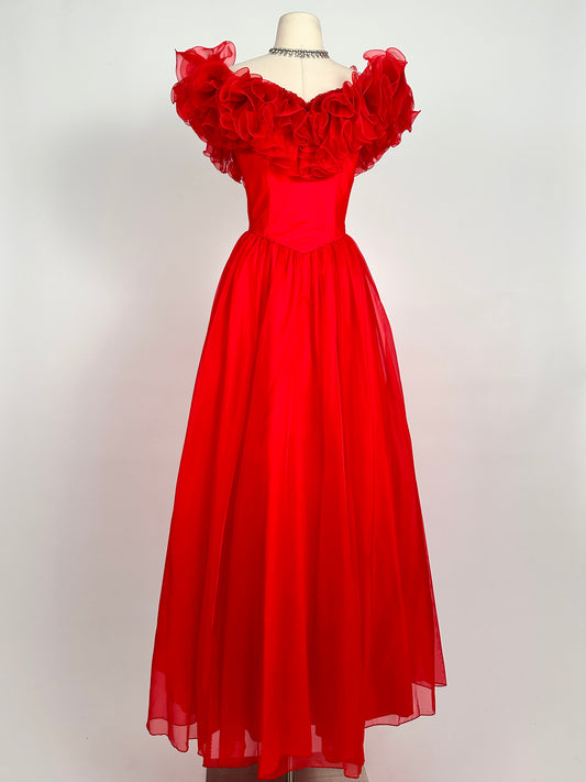 Glamorous 1980s Vibrant Red Chiffon Ruffled Gown / Waist 26
